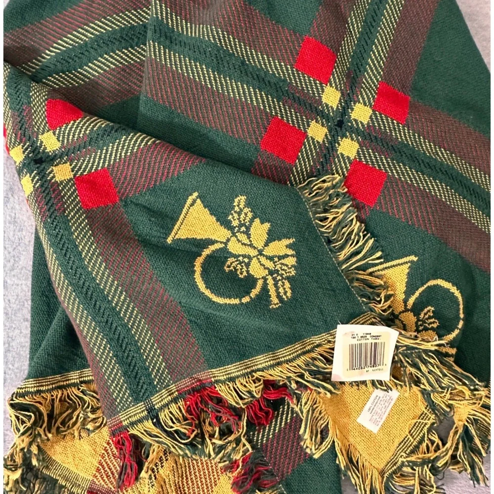VTG Christmas Throw Blanket Green Gold Horn Holiday Traditional Cabin Grandma